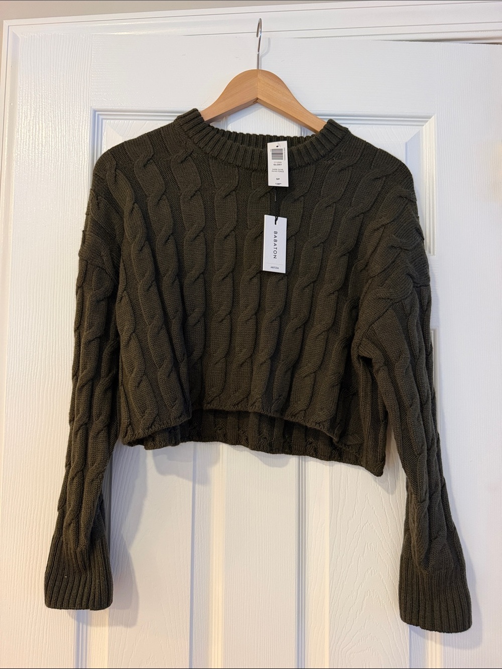 Aritzia Olive Cable-Knit Cropped Crewneck Sweater